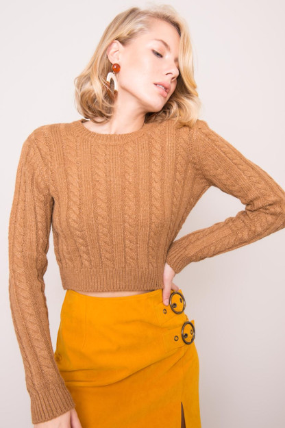 Укороченный Свитер с Узором «Косы» Верблюжего Цвета BSL Fashion 14442|Коричневый_XS_(34) M (38)