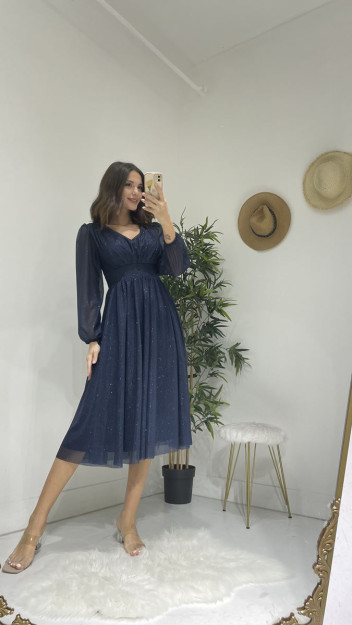 Вечернее Платье Блестящее Из Тюля 6627 Myidol 6627|Темно-Синий_S_(36) XL (42)