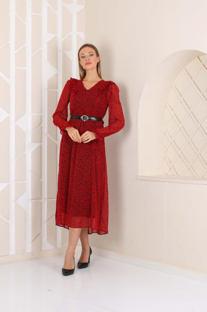 Женское Шифоновое Платье С Ремнем 1548 Boutiqua B1548|Красный_S_(36) L (40)
