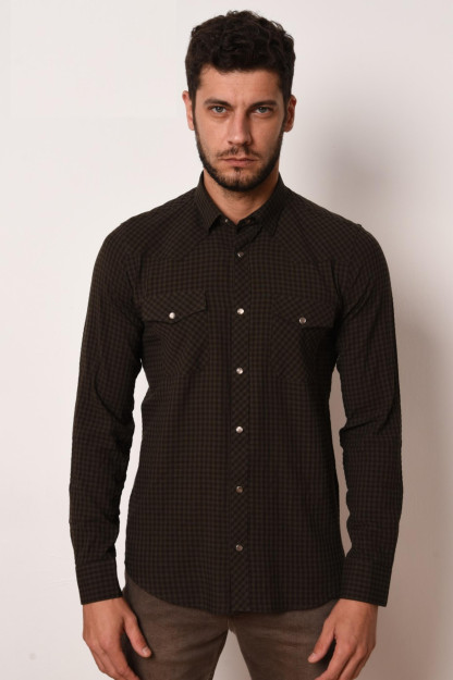 Мужская Рубашка В Клетку 12999-3 Brango 12999|Хаки_S_(36) XXL (44)