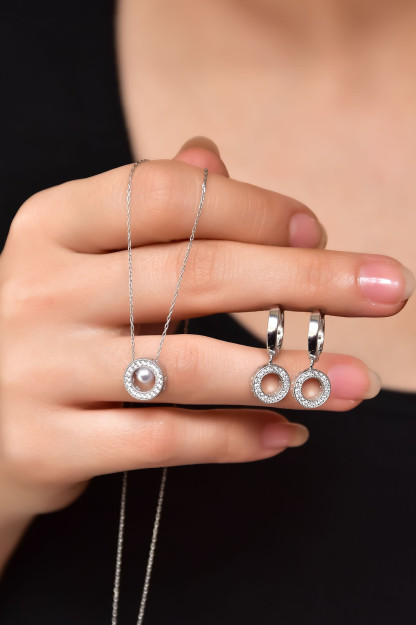 Kumush Rhodium Bilan Qoplangan Marvaridli Dumaloq Marjon va Sirgʻa Toʻplami UVPTS600074 Larin Silver UVPTS600074|Серебрянный