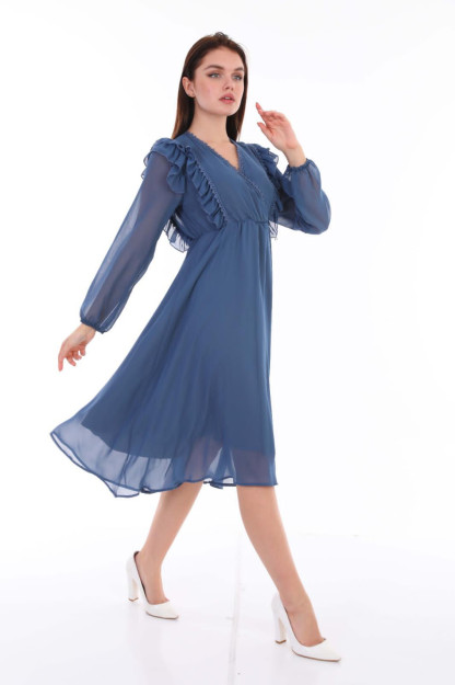 Женское Шифоновое Двубортное Платье 1561-4 Boutiqua B1561|Сакс_S_(36) M (38)
