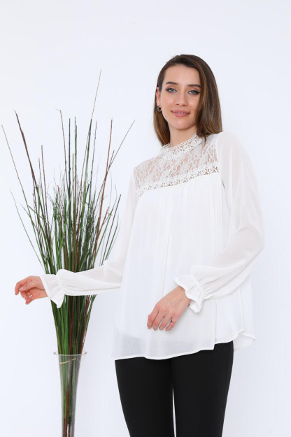 Ayollar Uchun Shifon Bluzka Danteli 1332-2 Boutiqua B1332|Белый_S_(36) L (40)