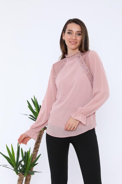 Ayollar Uchun Shifon Bluzka Danteli 1333-2 Boutiqua B1333|Розовый_S_(36) S (36)