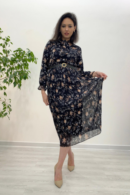Ayollar Uchun Shifonli Plissirovanniy Libos Kamarli 22621 Safari 22621|Черный_S_(36) XXL (44)