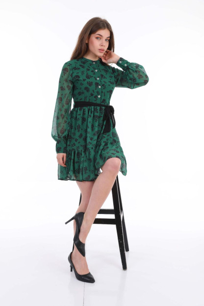 Женское Мини-Шифоновое Платье С Поясом 1582 Boutiqua B1582|Изумруд_S_(36) L (40)