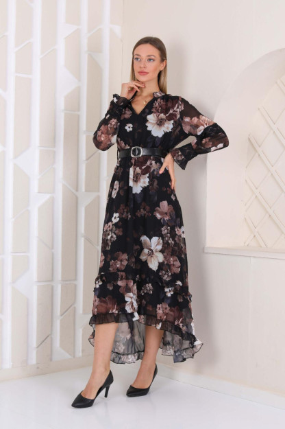 Женское Шифоновое Платье С Ремнем 1553-3 Boutiqua B1553|Кремовый_S_(36) XL (42)