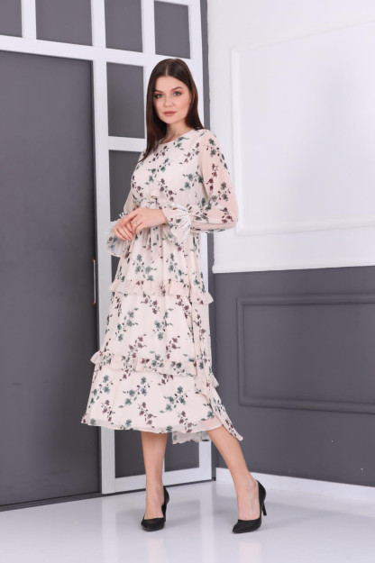 Ayollar Uchun Shifonli Gulli Libos 1549 Boutiqua B1549|Светло-Розовый_S_(36) L (40)
