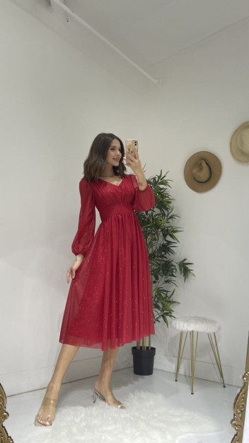 Вечернее Платье Блестящее Из Тюля 6626 Myidol 6627|Красный_S_(36) XL (42)