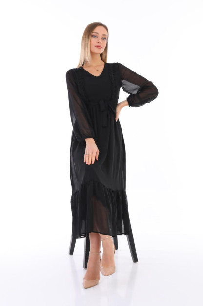 Ayollar Uchun Shifonli Libos Belbog'li 1560-7 Boutiqua B1560|Черный_S_(36) S (36)