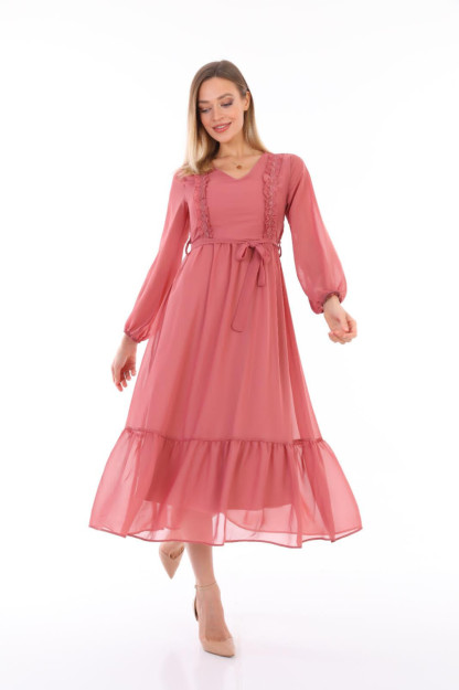 Женское Шифоновое Платье С Поясом 1560-4 Boutiqua B1560|Коралловый_S_(36) L (40)