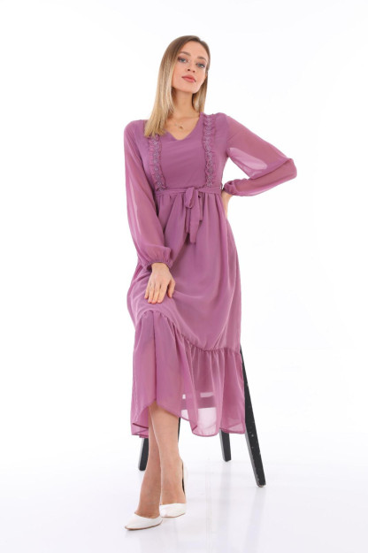 Ayollar Uchun Shifonli Libos Belbog'li 1560 Boutiqua B1560|Сирень_S_(36) XL (42)