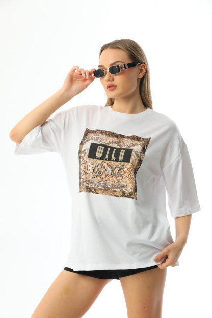 Futbolka Oversayz Printli Va Toshli Ayollar Uchun SR2036 Z-M Turkiya SR2036|Белый_S_(36) S (36)