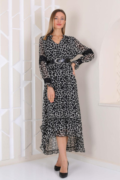 Ayollar Uchun Shifonli Libos Kamarli 1553-4 Boutiqua B1553|Черный_S_(36) XL (42)