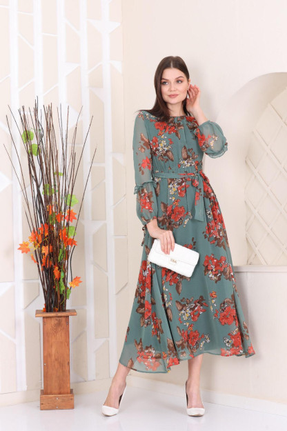 Ayollar Uchun Shifonli Libos Belbog'li 1547-4 Boutiqua B1547|Зелёный_S_(36) S (36)