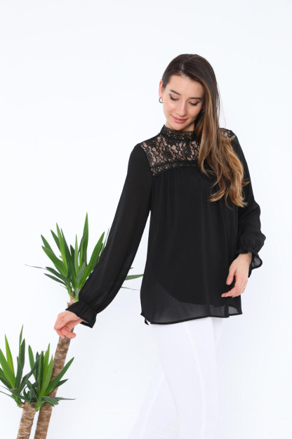 Женская Шифоновая Блузка С Кружевом 1332-4 Boutiqua B1332|Черный_S_(36) XL (42)