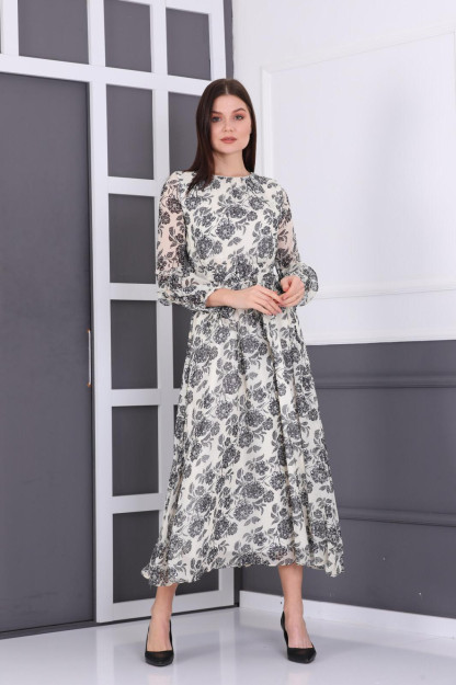 Ayollar Uchun Shifonli Libos Belbog'li 1547-6 Boutiqua B1547|Экру_S_(36) XL (42)
