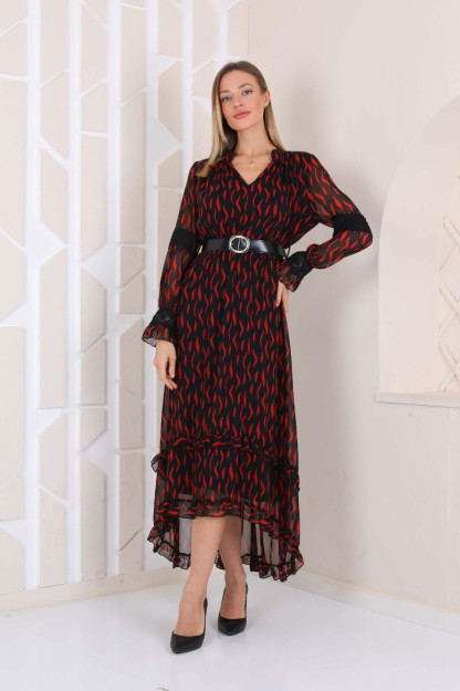 Ayollar Uchun Shifonli Libos Kamarli 1553-6 Boutiqua B1553|Черный-3_S_(36) S (36)