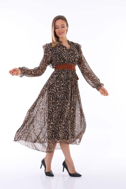 Ayollar Uchun Shifonli Libos Belbog'li 1545-2 Boutiqua B1545|Леопардовый_Принт_S_(36) XL (42)