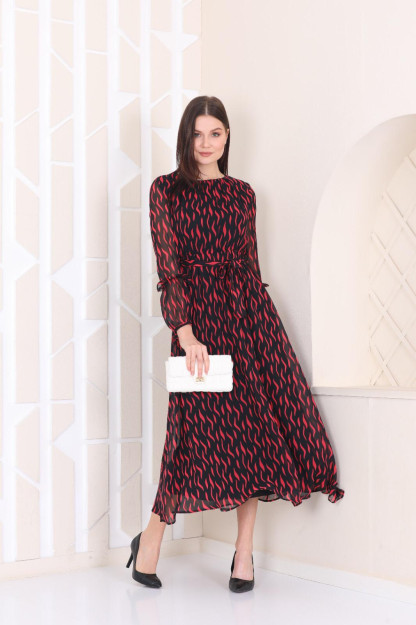Женское Шифоновое Платье С Поясом 1547-8 Boutiqua B1547|Черный_S_(36) XL (42)