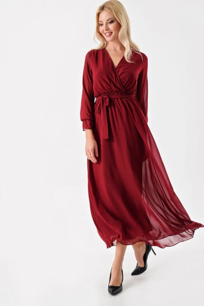 Ikki Ko‘krak Yoqali Shifon Libos 1773 Myidol 1774|Бордовый_L_(40) XL (42)