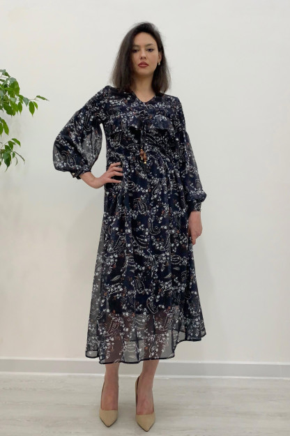 Ayollar Uchun Shifonli Gulli Libos 22625 Safari 22625|Черный_S_(36) XL (42)