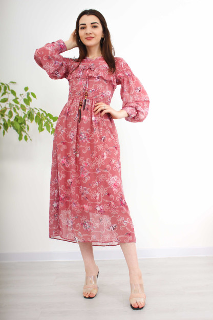 Ayollar Uchun Shifonli Gulli Libos 22626-4 Safari 22626|Коралловый_S_(36) M (38)