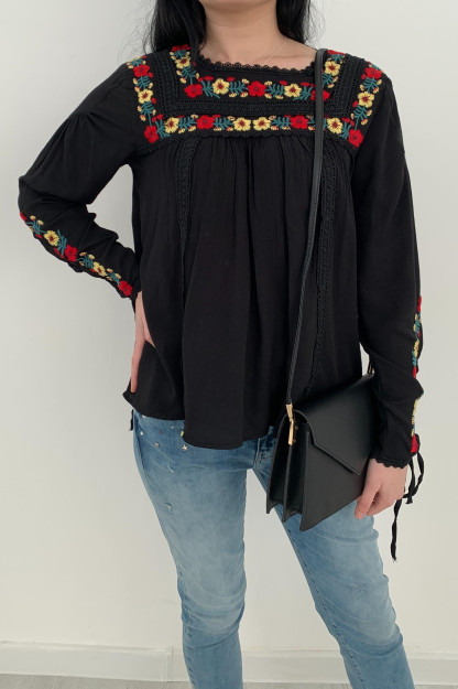 Ayollar Uchun Bluzka Vyshivkali Gulli Print Qo'l Ishi SK095 Ez-Q SK095|Черный_S_(36) S (36)