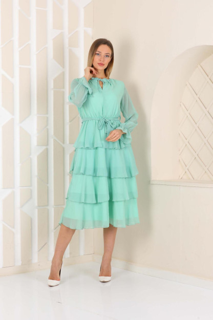 Женское Многослойное Шифоновое Платье С Поясом 1566 Boutiqua B1566|Бирюзовый_S_(36) XL (42)