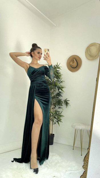 Baxmal Oqshom Libos Ayollar Uchun Bir Yengli 6605 Myidol 6605|Зелёный_S_(36) S (36)