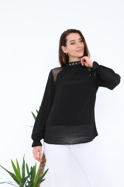Ayollar Uchun Shifon Bluzka Danteli 1333-4 Boutiqua B1333|Черный_S_(36) S (36)