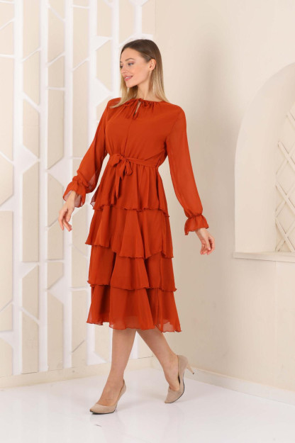 Ayollar Uchun Qavatli Shifonli Libos Belbog'li 1566-6 Boutiqua B1566|Коралловый_S_(36) M (38)