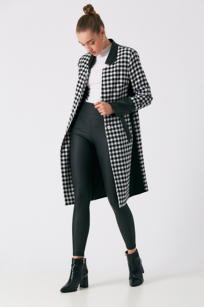 Teri Qo'shimchali Katakli Qora Palto Robin D89494|Черный_S_(36) L (40)