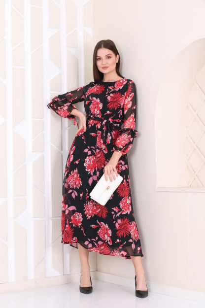 Ayollar Uchun Shifonli Libos Belbog'li 1547-10 Boutiqua B1547|Черный-2_S_(36) S (36)