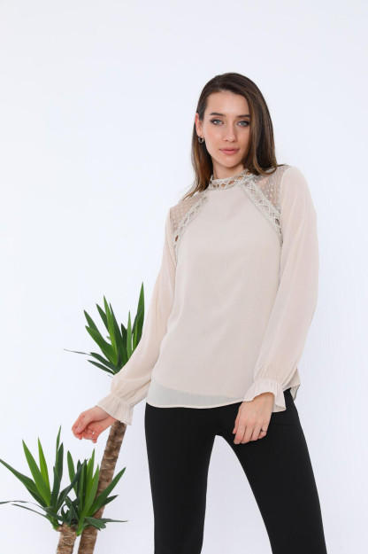 Ayollar Uchun Shifon Bluzka Danteli 1333 Boutiqua B1333|Бежевый_S_(36) S (36)