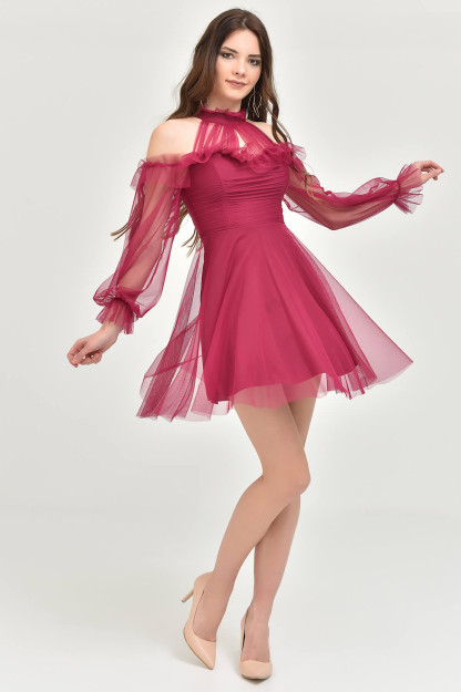 Женское Платье Мини С Отделкой Из Тюля 6256 Myidol 6256|Малиновый_S_(36) XL (42)