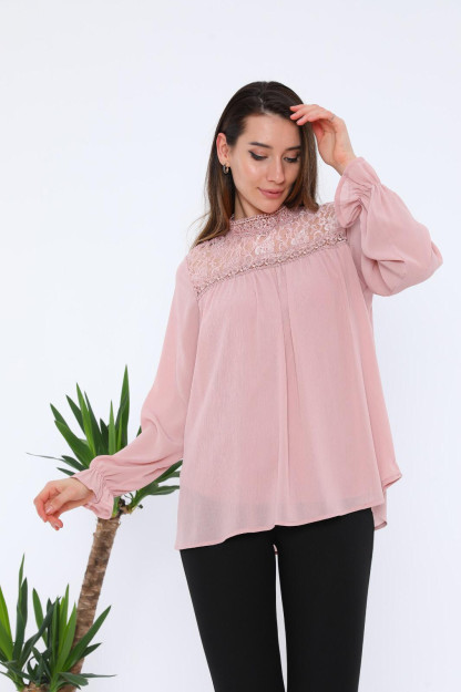 Ayollar Uchun Shifon Bluzka Danteli 1332-3 Boutiqua B1332|Розовый_S_(36) M (38)