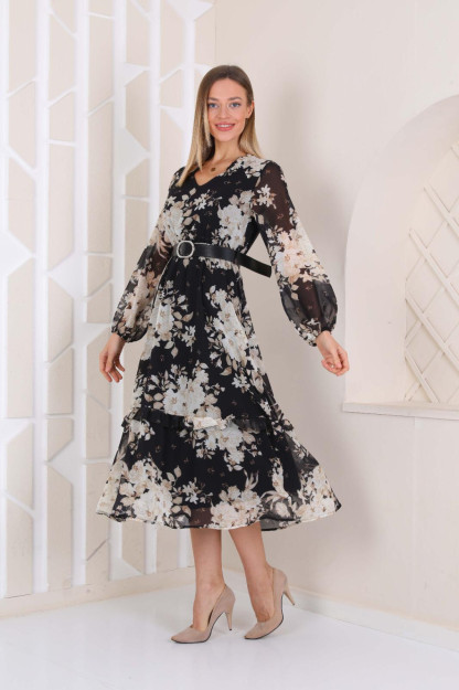 Ayollar Uchun Shifonli Libos Kamarli 1563-2 Boutiqua B1563|Черный_S_(36) S (36)