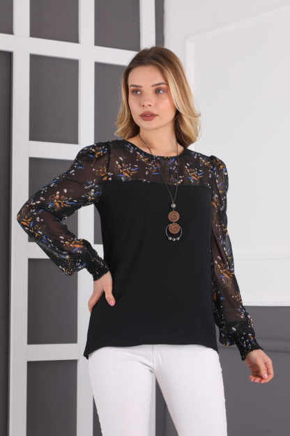 Женская Шифоновая Блузка С Цветочным Принтом 1038-4 Boutiqua B1038|Черный-1_S_(36) XL (42)
