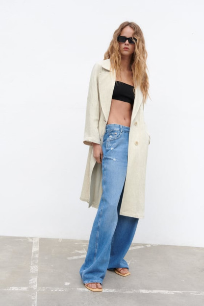CHIZIQLI LINEN TRENCH PALTO L