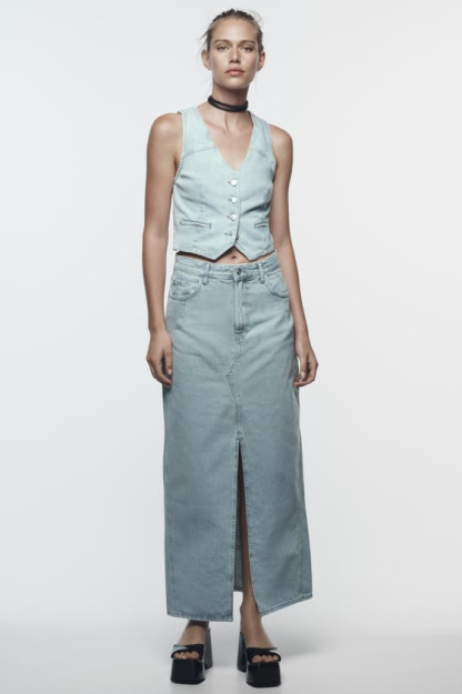 Z1975 MIDI Denim yubka, old tomoni kesilgan S