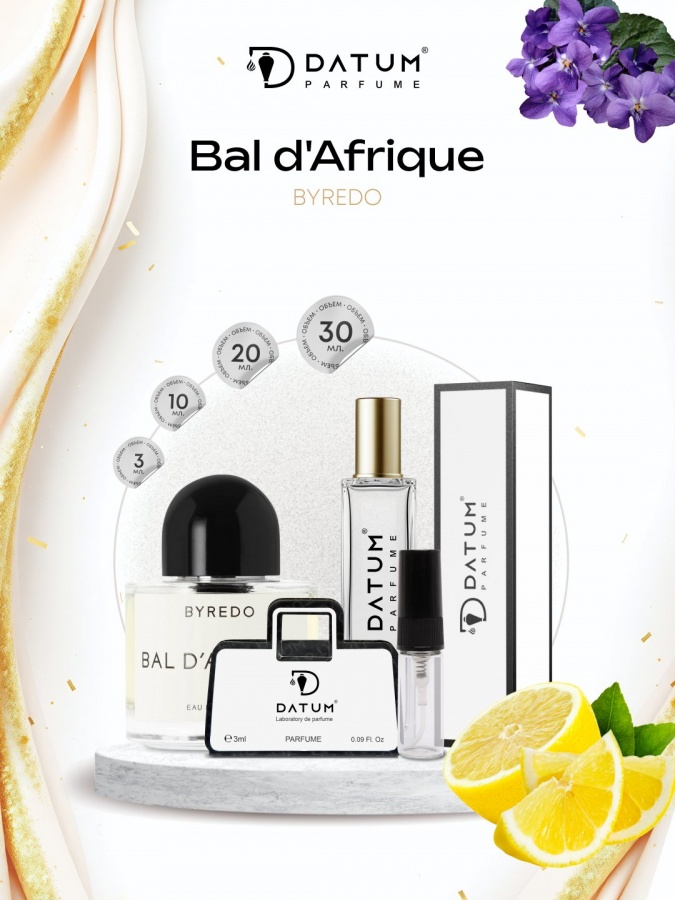 Uniseks atir Datum Parfume Bal d'Afrique 10 ml, limon jasmin vetiver va muskus bilan