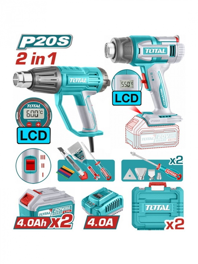 Строительный фен TOTAL TOSLI241188E (Combo Kit) аккумуляторный и сетевой