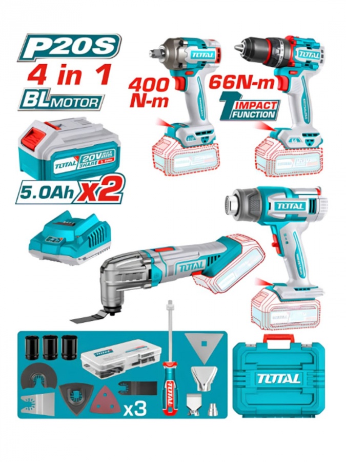 Akkumulyatorli asboblar to'plami TOTAL TOSLI240969 (4 ta asbob, 2 ta AKB 5.0Ah)