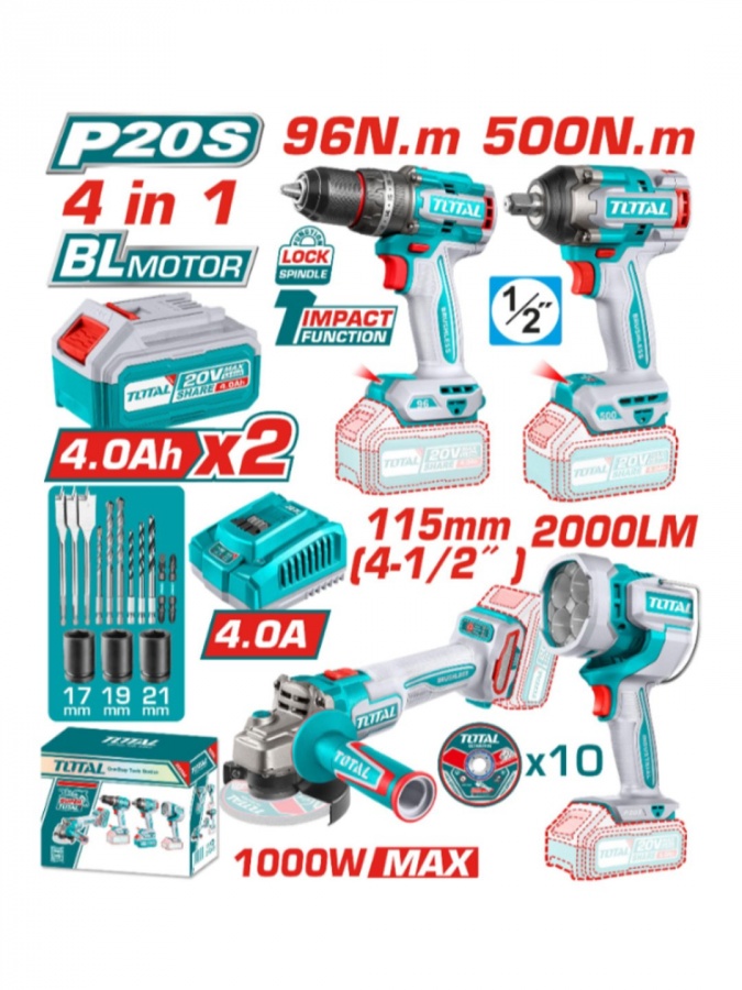 Akkumulyatorli asboblar to'plami TOTAL TOSLI241292 (4 tasi 1 da)