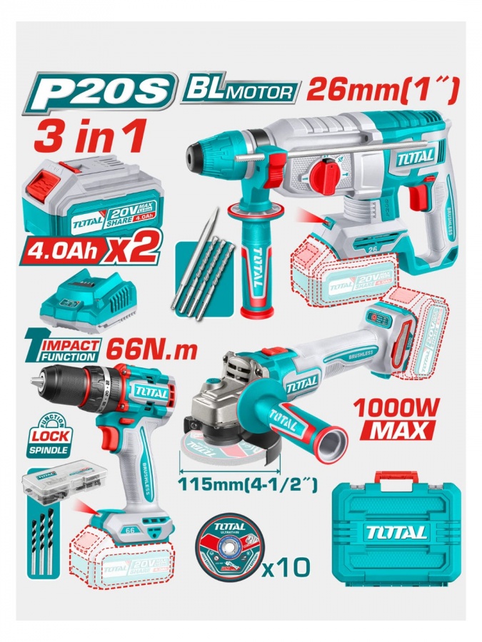 Elektr asboblar to'plami TOTAL TOSLI241198 (3 tasi 1 da)