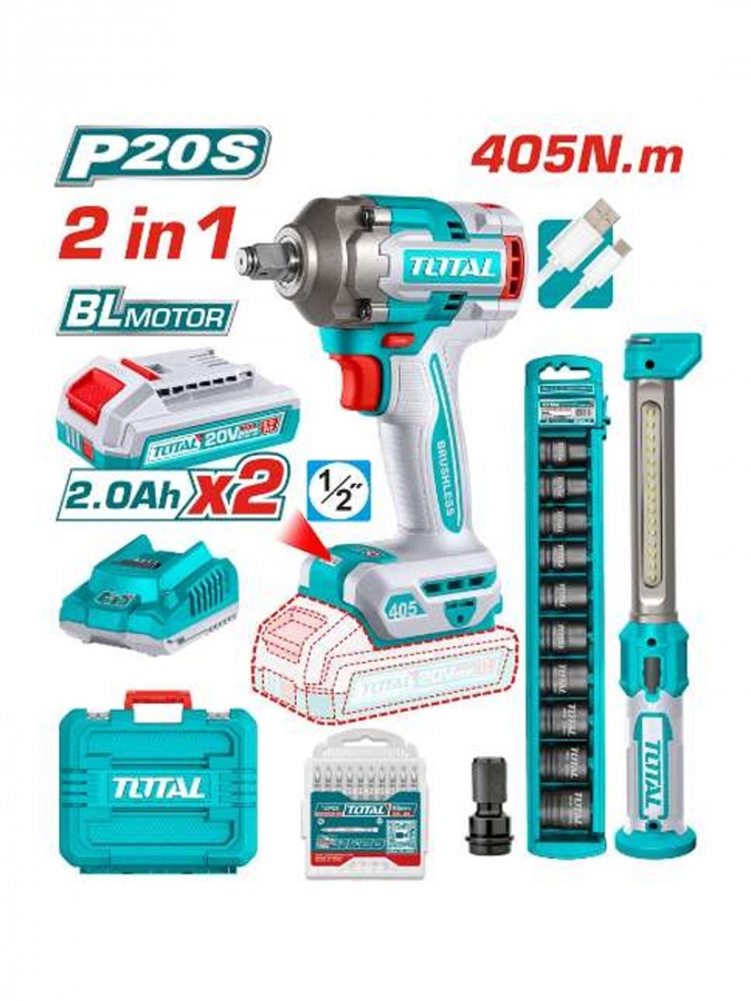 Akkumulyatorli asboblar to'plami Total TOSLI23056 (Gaykovert + Fonar)