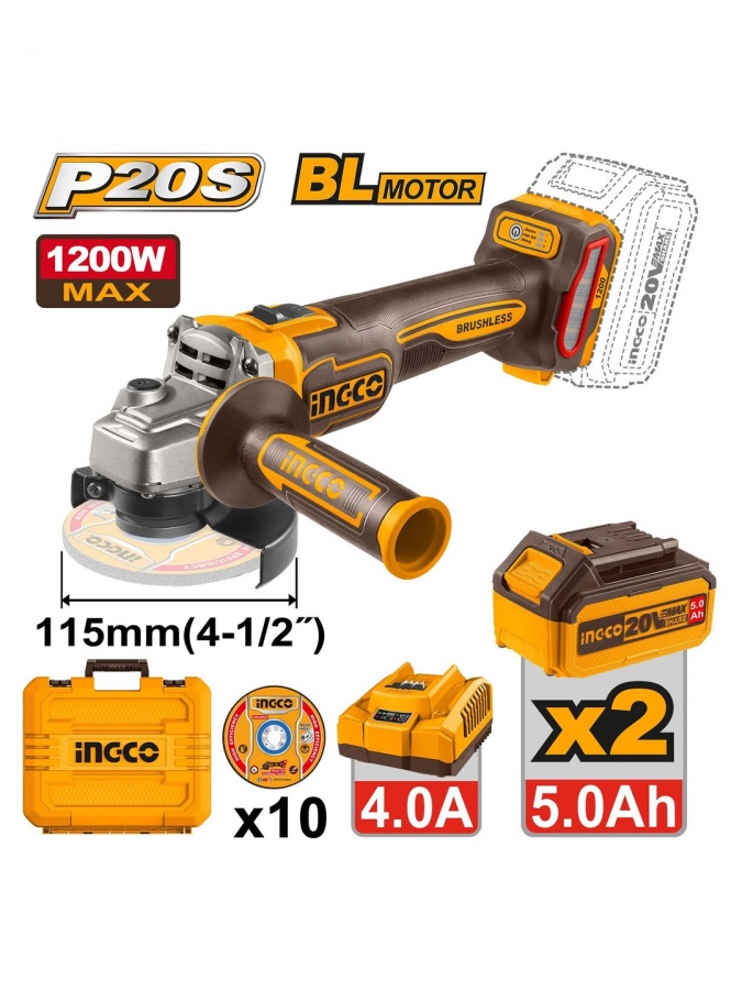Burchakli silliqlash mashinasi INGCO CAGLI2211532 INDUSTRIAL 20V BL 115mm 2x5Ah