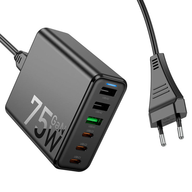 Zaryadlash stantsiyasi 3 × USB-A va 3 × Type-C chiqishi. PD45W 62716 uchun tez zaryadlash protokollarini qo'llab-quvvatlash