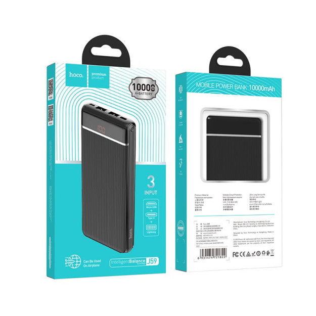 Hoco J59 portativ batareyasi, 10000 ma/soat, kirish: Micro-USB / Type-C 5V–2A, Lightning 5v-1.5 A 68188